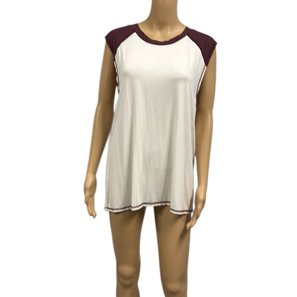 Pol Cap Sleeve 2 Tone Burgundy Cream Comfortable Jersey Top Shirt Womens Small - Picture 2 of 9